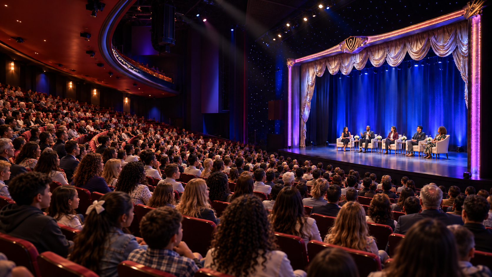Children and families watch a community panel onstage at Encore Theater